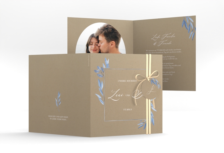 Hochzeitseinladung Classicblue quadr. Klappkarte Kraftpapier silber