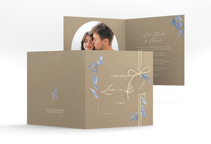 Hochzeitseinladung Classicblue quadr. Klappkarte Kraftpapier rosegold