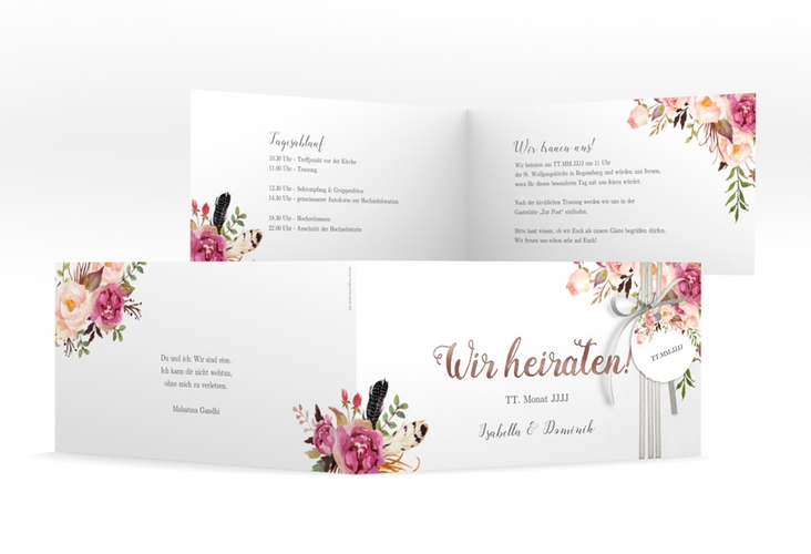 Hochzeitseinladung Flowers lange Klappkarte quer weiss rosegold mit bunten Aquarell-Blumen