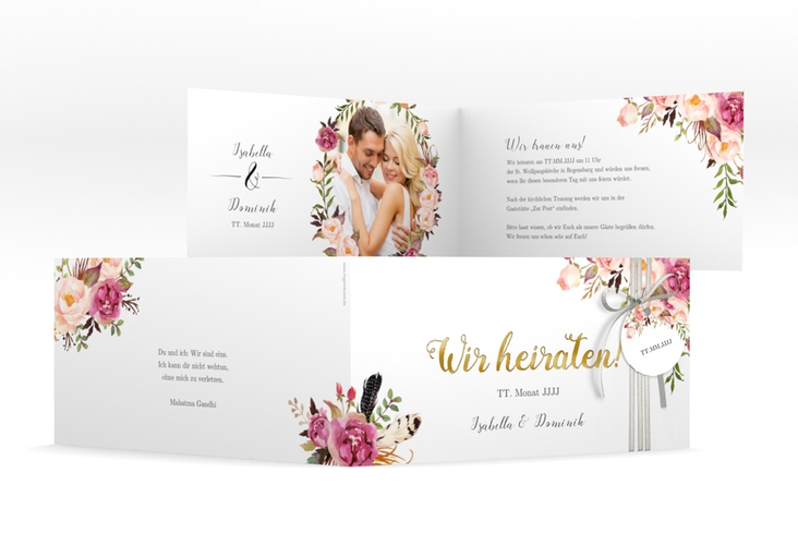 Hochzeitseinladung Flowers lange Klappkarte quer weiss gold mit bunten Aquarell-Blumen