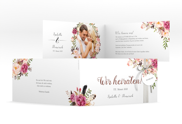 Hochzeitseinladung Flowers lange Klappkarte quer weiss rosegold mit bunten Aquarell-Blumen