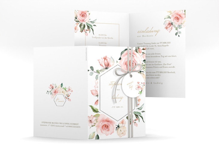 Einladungskarte Hochzeit Graceful A6 Klappkarte hoch weiss silber mit Rosenblüten in Rosa und Weiß