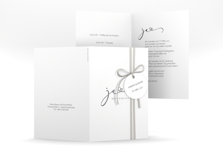 Hochzeitseinladung Jawort A6 Klappkarte hoch weiss silber modern minimalistisch mit veredelter Aufschrift