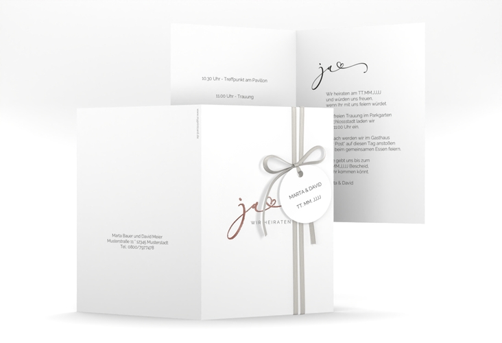 Hochzeitseinladung Jawort A6 Klappkarte hoch weiss rosegold modern minimalistisch mit veredelter Aufschrift