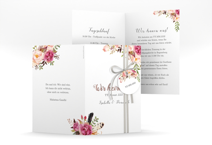 Einladungskarte Hochzeit Flowers A6 Klappkarte hoch weiss rosegold mit bunten Aquarell-Blumen