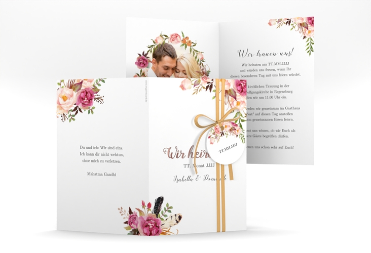 Einladungskarte Hochzeit Flowers A6 Klappkarte hoch weiss rosegold mit bunten Aquarell-Blumen