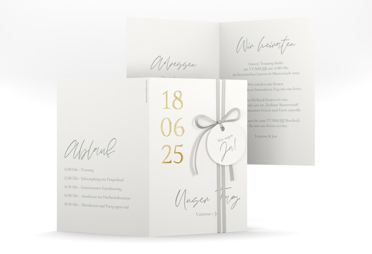 Einladungskarte Hochzeit Day A6 Klappkarte hoch weiss gold mit Datum im minimalistischen Design