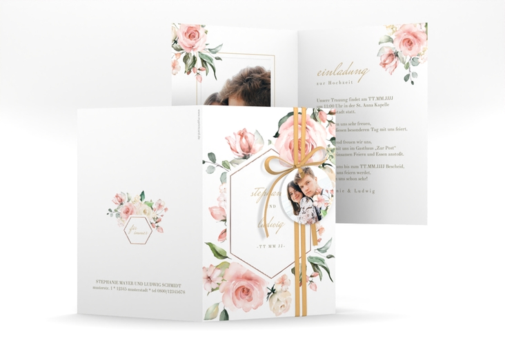 Einladungskarte Hochzeit Graceful A6 Klappkarte hoch weiss rosegold mit Rosenblüten in Rosa und Weiß