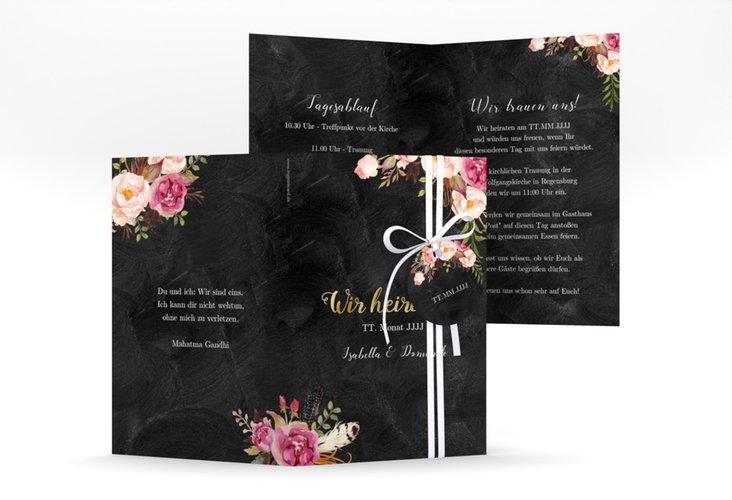 Einladungskarte Hochzeit Flowers A6 Klappkarte hoch schwarz gold mit bunten Aquarell-Blumen