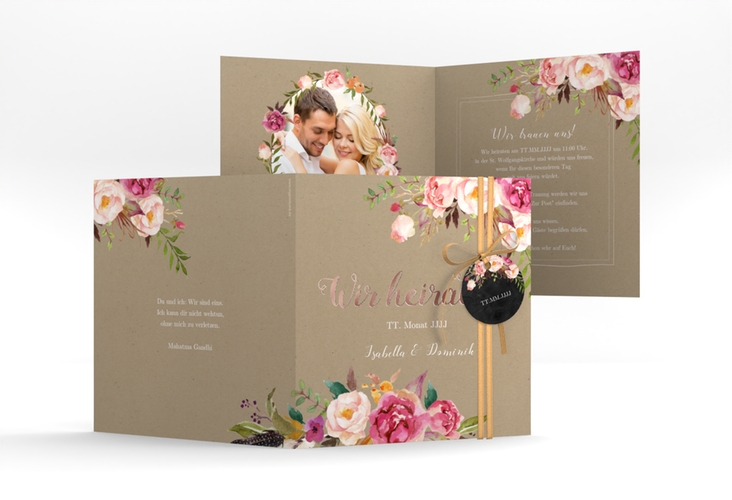 Hochzeitseinladung Flowers quadr. Klappkarte Kraftpapier rosegold mit bunten Aquarell-Blumen