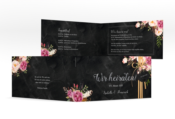 Hochzeitseinladung Flowers lange Klappkarte quer schwarz silber mit bunten Aquarell-Blumen