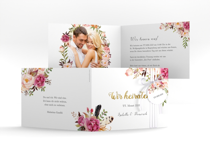 Hochzeitseinladung Flowers A6 Klappkarte quer weiss gold mit bunten Aquarell-Blumen