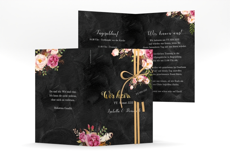 Einladungskarte Hochzeit Flowers A6 Klappkarte hoch schwarz gold mit bunten Aquarell-Blumen