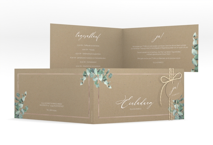 Hochzeitseinladung Eucalypt lange Klappkarte quer Kraftpapier rosegold mit Eukalyptus und edlem Rahmen