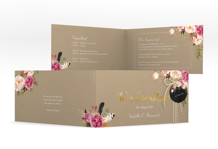 Hochzeitseinladung Flowers lange Klappkarte quer Kraftpapier gold mit bunten Aquarell-Blumen