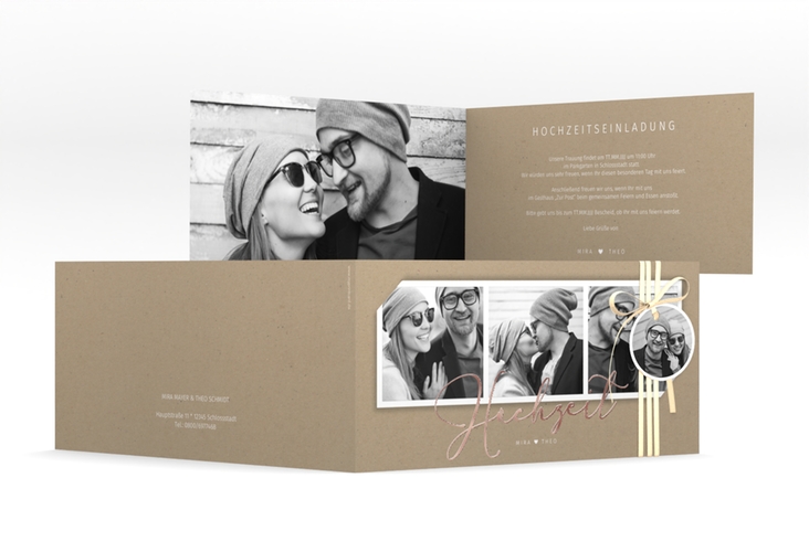 Hochzeitseinladung Crafty lange Klappkarte quer Kraftpapier rosegold mit drei Fotos