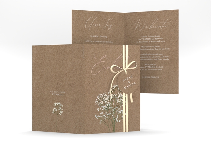 Einladungskarte Hochzeit Schleierkraut A6 Klappkarte hoch Kraftpapier rosegold
