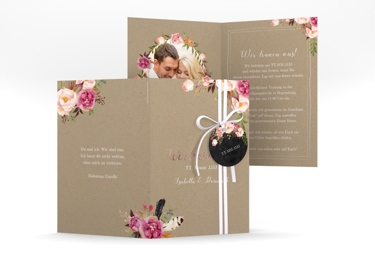 Einladungskarte Hochzeit Flowers A6 Klappkarte hoch Kraftpapier rosegold mit bunten Aquarell-Blumen