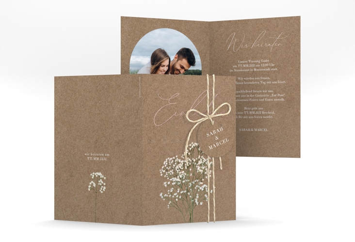 Einladungskarte Hochzeit Schleierkraut A6 Klappkarte hoch Kraftpapier rosegold