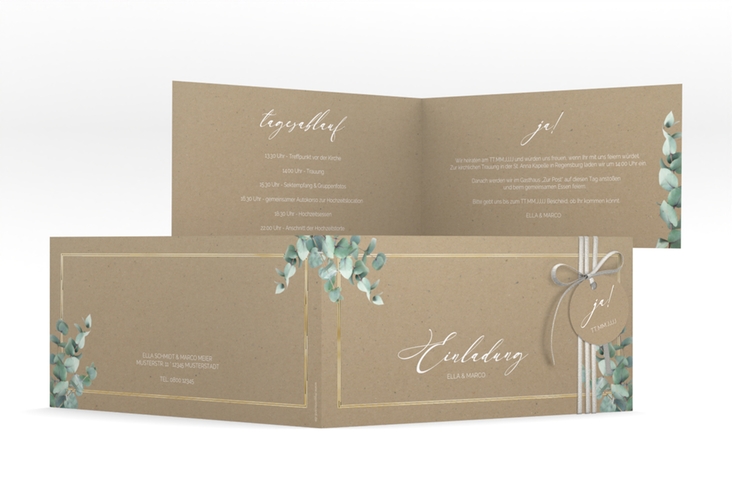 Hochzeitseinladung Eucalypt lange Klappkarte quer Kraftpapier gold mit Eukalyptus und edlem Rahmen