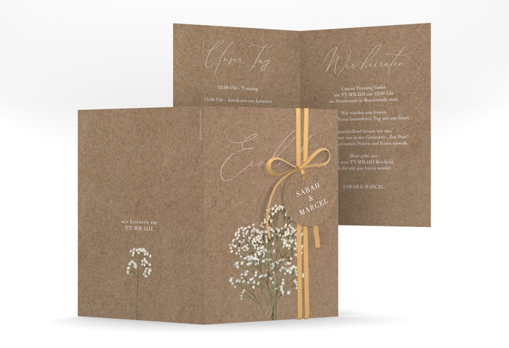 Einladungskarte Hochzeit Schleierkraut A6 Klappkarte hoch Kraftpapier rosegold