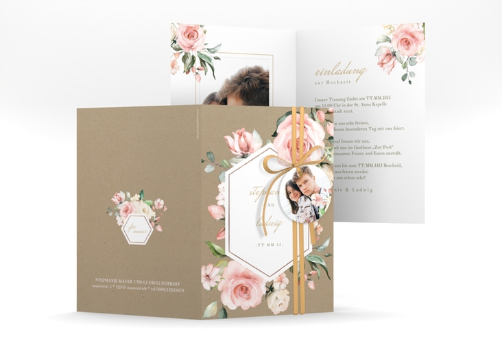 Einladungskarte Hochzeit Graceful A6 Klappkarte hoch Kraftpapier rosegold mit Rosenblüten in Rosa und Weiß