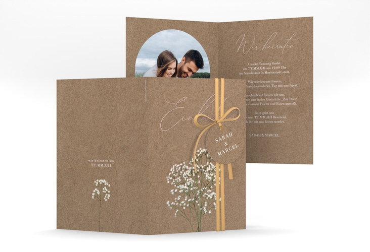 Einladungskarte Hochzeit Schleierkraut A6 Klappkarte hoch Kraftpapier rosegold