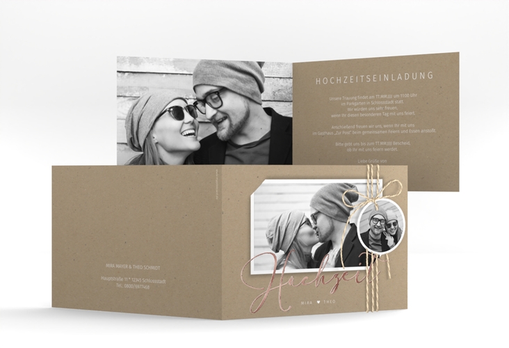 Hochzeitseinladung Crafty A6 Klappkarte quer Kraftpapier rosegold mit Foto