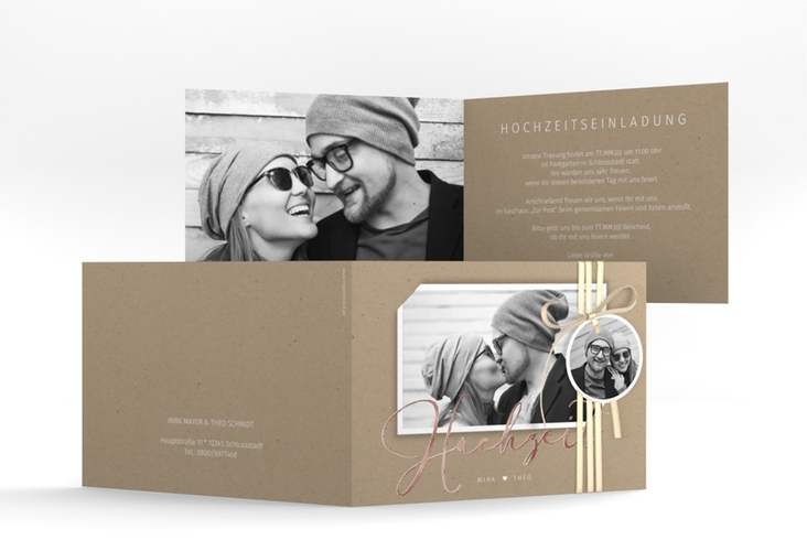 Hochzeitseinladung Crafty A6 Klappkarte quer Kraftpapier rosegold mit Foto