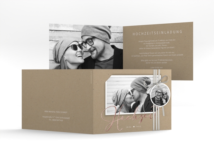 Hochzeitseinladung Crafty A6 Klappkarte quer Kraftpapier rosegold mit Foto