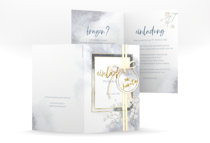 Einladungskarte Hochzeit Winter A6 Klappkarte hoch gold mit Schleierkraut