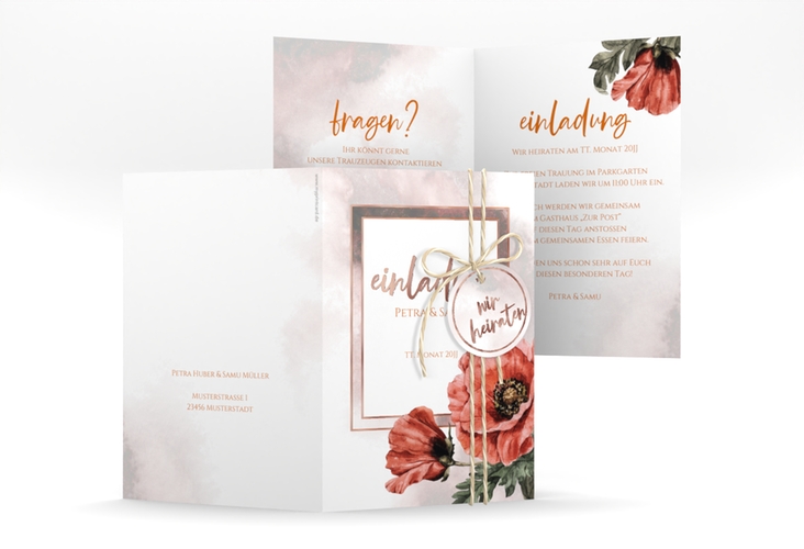 Einladungskarte Hochzeit Sommer A6 Klappkarte hoch rosegold mit Mohnblumen-Aquarell