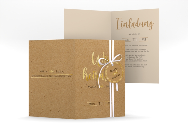 Einladungskarte Hochzeit Noble A6 Klappkarte hoch gold mit elegantem Schriftzug