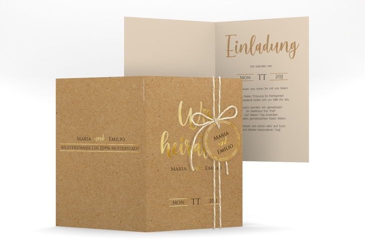 Einladungskarte Hochzeit Noble A6 Klappkarte hoch gold mit elegantem Schriftzug