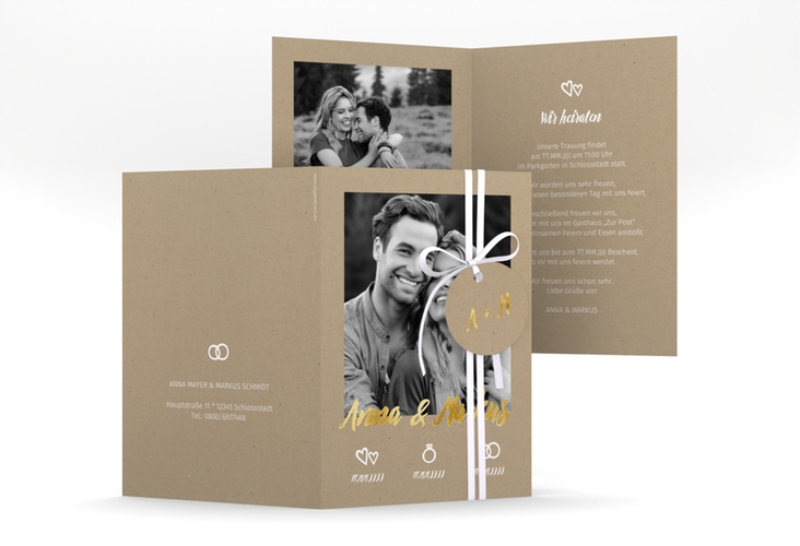 Einladungskarte Hochzeit Icons A6 Klappkarte hoch gold im Kraftpapier-Look mit Foto