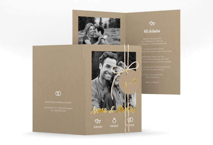 Einladungskarte Hochzeit Icons A6 Klappkarte hoch gold im Kraftpapier-Look mit Foto