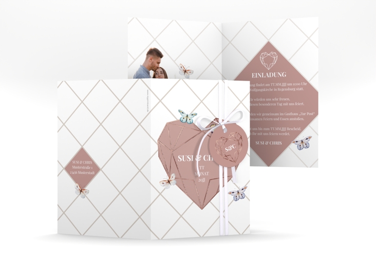 Einladungskarte Hochzeit Butterfly A6 Klappkarte hoch rosegold mit Schmetterlingen und Herz im Geometric Design