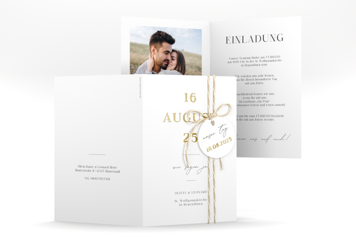 Einladungskarte Hochzeit Authentisch A6 Klappkarte hoch gold in schlichtem Design mit großem Hochzeitsdatum