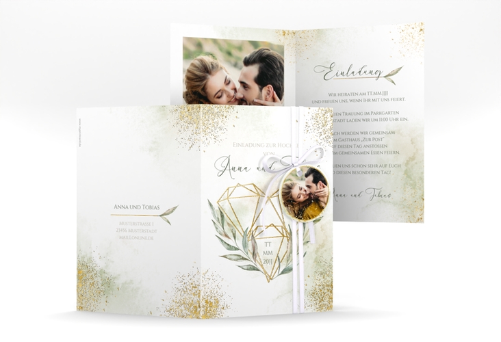 Einladungskarte Hochzeit Heartfelt A6 Klappkarte hoch gold mit Diamanten im Geometric Design