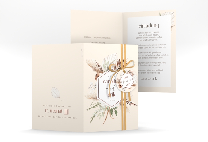 Einladungskarte Hochzeit Bohemian A6 Klappkarte hoch rosegold mit Gräsern und Trockenblumen für Boho-Hochzeit