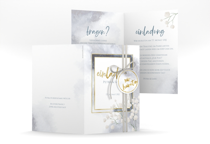 Einladungskarte Hochzeit Winter A6 Klappkarte hoch gold mit Schleierkraut