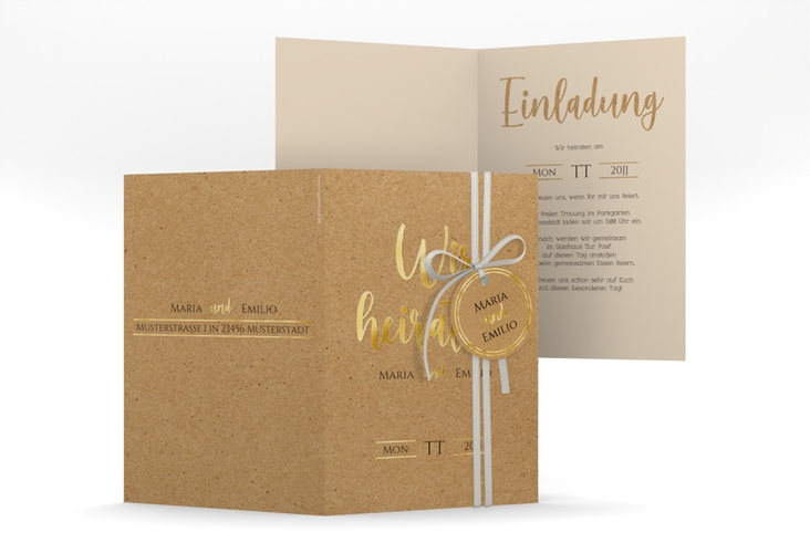 Einladungskarte Hochzeit Noble A6 Klappkarte hoch gold mit elegantem Schriftzug