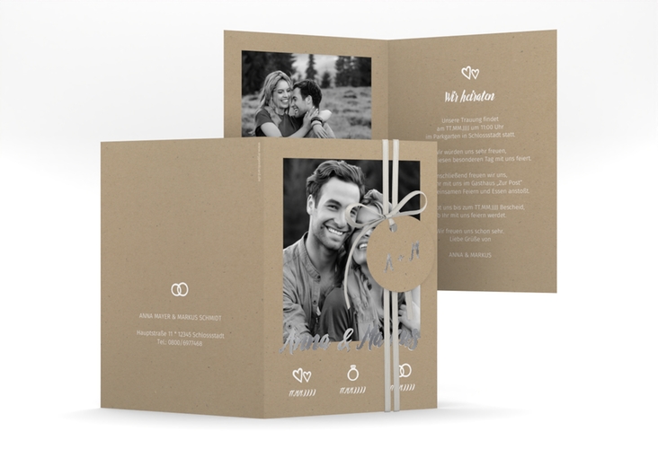 Einladungskarte Hochzeit Icons A6 Klappkarte hoch silber im Kraftpapier-Look mit Foto