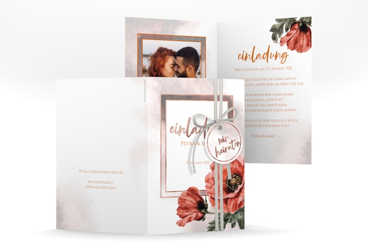 Einladungskarte Hochzeit Sommer A6 Klappkarte hoch rosegold mit Mohnblumen-Aquarell