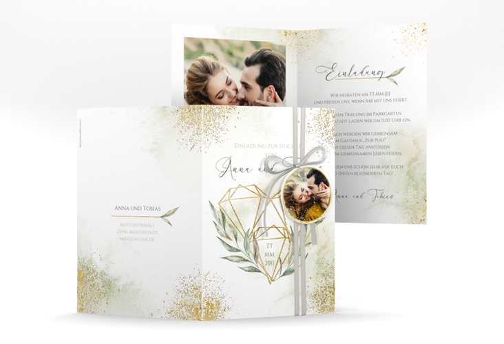 Einladungskarte Hochzeit Heartfelt A6 Klappkarte hoch gold mit Diamanten im Geometric Design