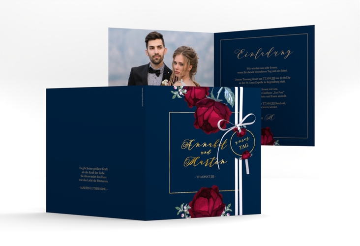 Hochzeitseinladung Peonies quadr. Klappkarte blau gold elegant mit Pfingstrosen