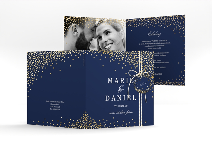 Hochzeitseinladung Glitter quadr. Klappkarte blau gold