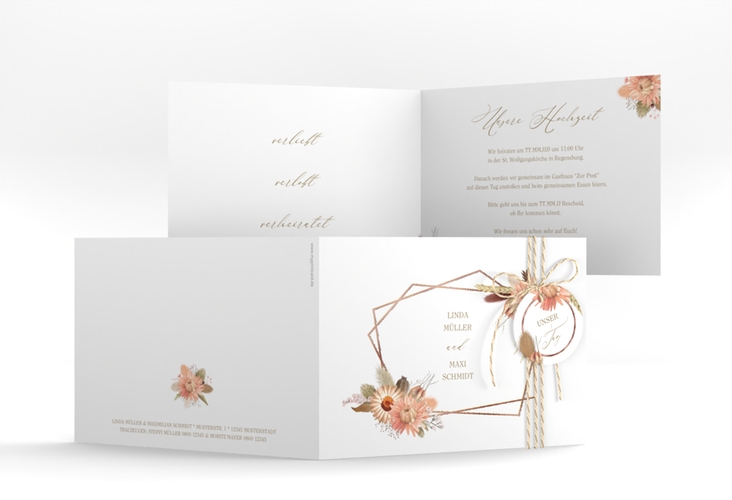 Hochzeitseinladung Strohblume A6 Klappkarte quer rosegold