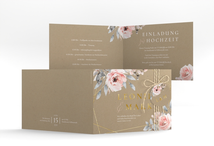 Hochzeitseinladung Perfection A6 Klappkarte quer gold mit rosa Rosen