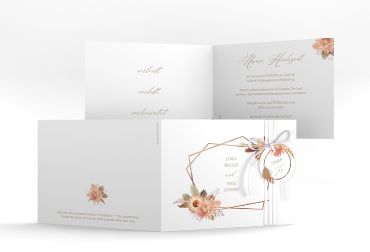 Hochzeitseinladung Strohblume A6 Klappkarte quer rosegold